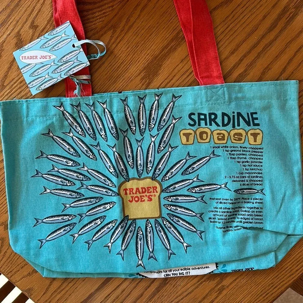 Trader Joe’s Limited Edition Reusable Canvas Bag Turquoise Blue Sardines - Picture 2 of 9